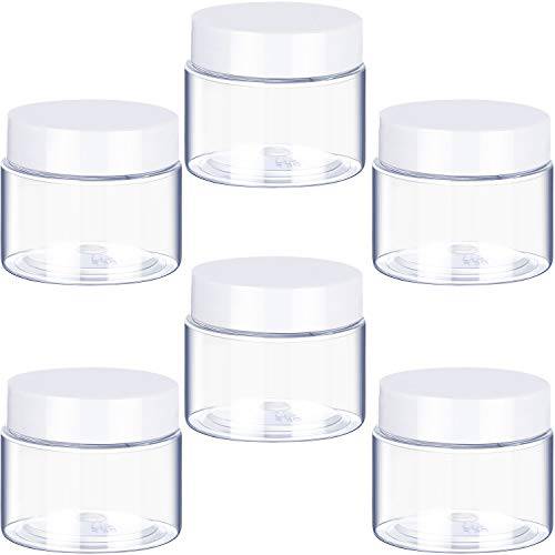 6 Pack 1 oz Plastic Pot Jars Round Clear Leak Proof Plastic Cosmetic Container Jars with White Lids for Travel Storage Make Up, Eye Shadow, Nails, Powder, Paint, Jewelry (White-1 oz)