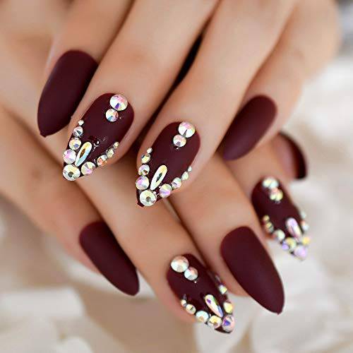 CoolNail 3D Shinning Rhinestones Matte Burgundy Stiletto Fake Nails Oval Almond Pointed Frosted Press on Designs False Wear Nail