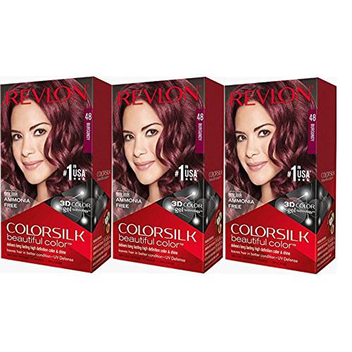 Permanent Hair Color by Revlon, Permanent Hair Dye, Colorsilk with 100% Gray Coverage, Ammonia-Free, Keratin and Amino Acids, 48 Burgandy, 4.4 Oz (Pack of 3)
