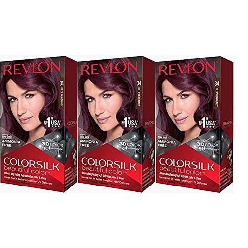 Permanent Hair Color by Revlon, Permanent Hair Dye, Colorsilk with 100% Gray Coverage, Ammonia-Free, Keratin and Amino Acids, 34 Deep Burgandy, 4.4 Oz (Pack of 3)