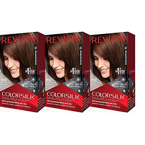 Permanent Hair Color by Revlon, Permanent Hair Dye, Colorsilk with 100% Gray Coverage, Ammonia-Free, Keratin and Amino Acids, 47 Medium Rich Brown, 4.4 Oz (Pack of 3)