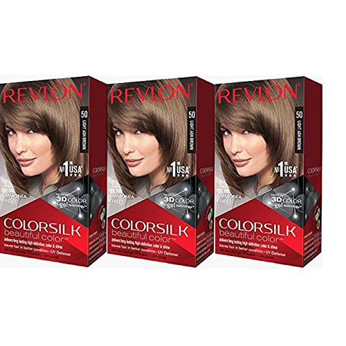 Permanent Hair Color by Revlon, Permanent Hair Dye, Colorsilk with 100% Gray Coverage, Ammonia-Free, Keratin and Amino Acids, 50 Light Ash Brown, 4.4 Oz (Pack of 3)