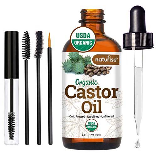 Naturise - Organic Castor Oil with Mascara Kit for Eyelash Growth, Unrefined and Unfiltered Cold Pressed Castor Oil for Hair Growth and Skin Care, No Artificial Fillers and GMOs, 4 fl. oz