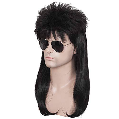 ColorGround Long Straight Black 80’s Mullet Rocker Style Wig for Men