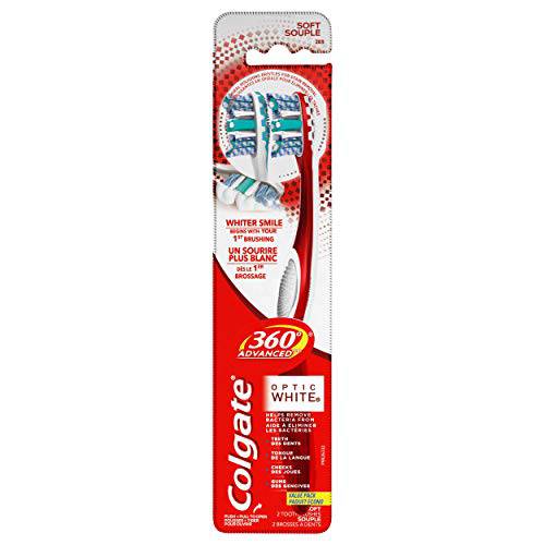 Colgate 360 Optic White Advanced Toothbrush, Soft Toothbrush for Adults, 2 Pack