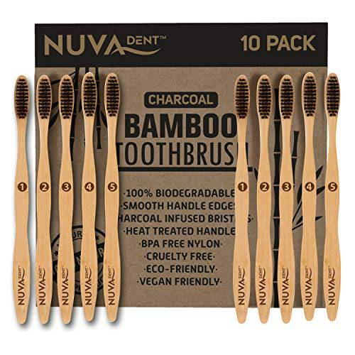 Nuva Dent Bamboo Toothbrushes, Charcoal Toothbrushes, Soft Bristle Toothbrush - Natural Wood Toothbrushes Bulk (10 Pack)