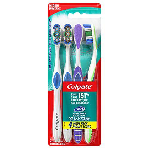 Colgate 360 Whole Mouth Clean Toothbrush, Medium Toothbrush for Adults, 4 Count (Pack of 1)