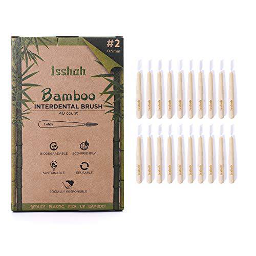 Isshah Biodegradable Bamboo Handle Interdental Brushes Between Teeth Cleaner Deep Clean Toothpick, Size 2 (0.5mm), 40 Count