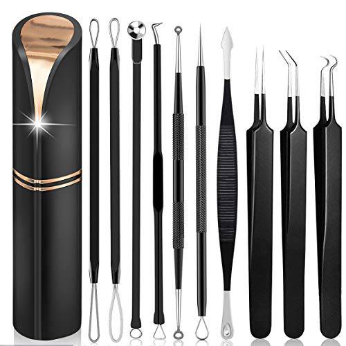 Pimple Popper Tool Kit, Aooeou 10 Pcs Professional Blackhead Remover Tool -Stainless Steel Pimple Extractor,acne tools for Blemish, Whitehead Popping, Zit Removing for Nose Face(Black)