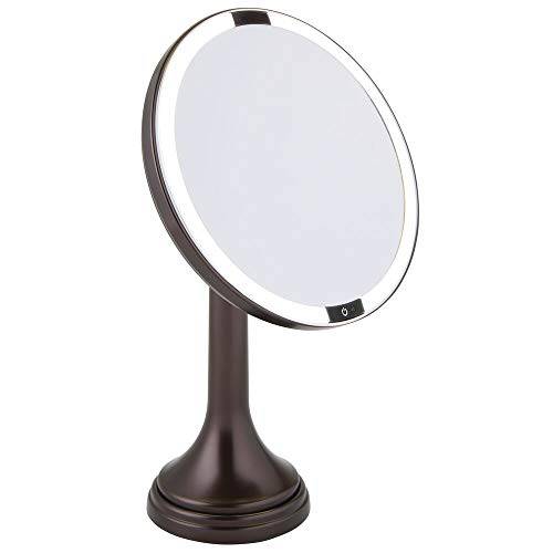 mDesign Modern Motion Sensor LED Lighted Makeup Bathroom Vanity Mirror, Large 8 Round, 3X Magnification, Hands-Free, Rechargeable and Cordless - BlackChrome