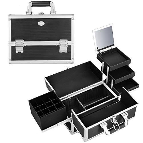 Joligrace Makeup Train Case Organizer Box Professional Multi-Purpose Cosmetic Storage with Sliding Trays, Polish Slots & Mirror, Portable Lockable with Keys, Large Black