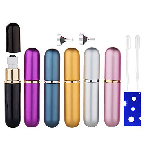 MUB Roller Bottles for Oils, 5ML Roll-On Bottle with Leakproof Stainless Steel Roller Balls, 6 Colors Empty Glass Essential Oils Roller Bottles, Included 0.2ml Dropper and Sliver Funnel