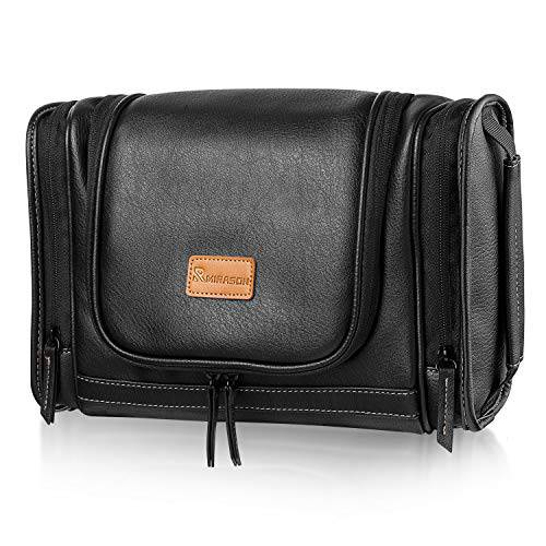 MIRASON Hanging Toiletry Bag for Men Dopp Kit Waterproof Leather Travel Organizer with Sturdy Metal Hook and Handle for Bathroom Shower Cosmetics Camping Brushes Shaving (Black)