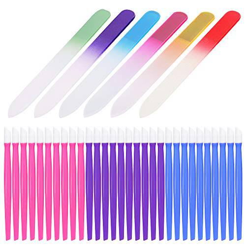 YuCool Colored Rubber Tipped Nail Cleaner,30 Pack Plastic Handle Nail Cuticle Pusher,Professional Manicure Nail Care, with 6 Pack Glass Nail Files Gradient Rainbow Color