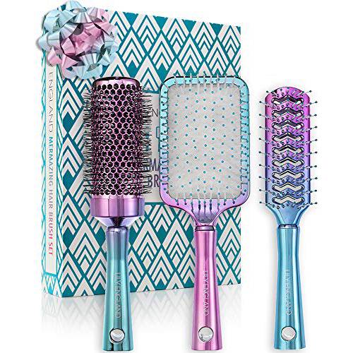 Hair Brush Set - Professional Round, Vent and Paddle Hairbrush for All Hair Types, Mermaid/Ombre by Lily England
