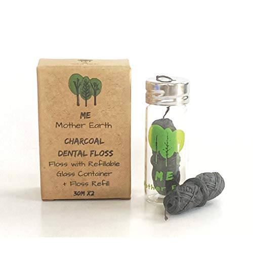 Vegan Biodegradable Bamboo Charcoal Dental Floss with Refillable Glass Container | Free Refill | Natural Candelilla Wax | 33yds x2 | Peppermint Essential Oil | Eco Friendly Zero Waste Oral Care