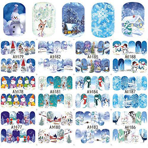 Winter Series Nail Art Stickers 12pcs Christmas Nail Decals Snowflakes Snowman Star Deer Xmas Tree Star Designs for Women Fingernails and Toenails Decorations Manicure Tips Wraps Charms Accessories