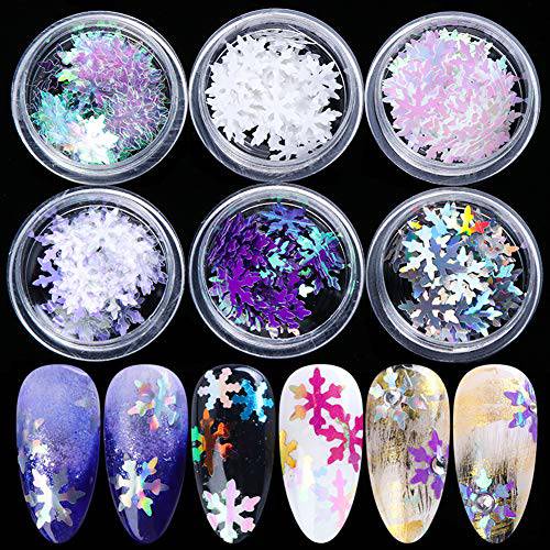 6 Boxes Christmas Nail Art Sequins 3D Snowflakes Glitter Nail Art Decals Holographic Laser Snowflake Nail Flakes Stickers Confetti Glitters Design Sparkly Manicure Tips Gel Polish Charms Decoration