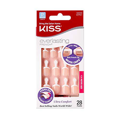 Kiss Everlasting French Nail Manicure, Chip-Free with Flexi-Fit Technology, Petite, Pink, Nail Kit with Pink Nail Glue (Net Wt. 2 g / 0.07oz.), Mini File, Manicure Stick, and 28 Fake Nails