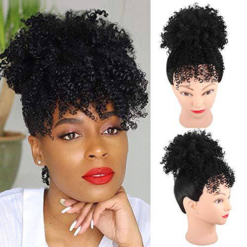 YITI High Puff Afro Ponytail Drawstring with Kinky Curly Bangs Short Afro Ponytail Clip in on Synthetic Curly Hair Bun Puff Ponytail Wrap Updo Hair Extensions with Clips (A-GREEN)