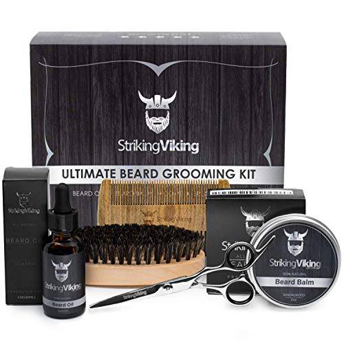Striking Viking Beard Grooming Kit - Premium Beard Care Products for Men – Beard Shampoo, Beard Oil, Beard Balm Butter, Beard Brush, Wooden Comb, Mustache Scissors, & Toiletry Bag