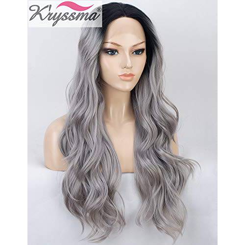 K’ryssma Ombre Grey Lace Front Wig with Black Roots L Part Long Wavy Synthetic Wigs for Women Middle Part Silver Gray Heat Resistant Synthetic Lace Wigs 20 inches