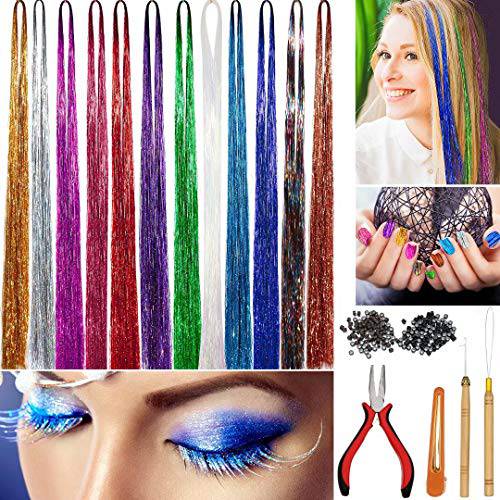 Hair Tinsel Strands Kit,12 Colors 2400 Strands Tinser Hair Extensions Pliers Pulling Hook Bead Device Tool Kits Hairpin 200pcs Black Brown Silicone Lined Micro Rings for Girls Women Fashion