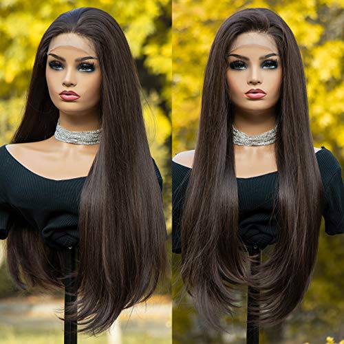 K’ryssma Natural Brown Lace Front Wigs 4 Deep Parting Glueless Long Straight Synthetic Wig Heat Resistant Brown Wigs for Women Daily Wear 22 Inches
