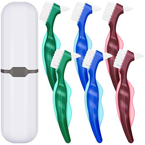 WILLBOND 6 Pieces Hard Denture Brush Denture Toothbrush Cleaning Brush with White Carrying Case for False Teeth Cleaning (Red, Green and Blue)