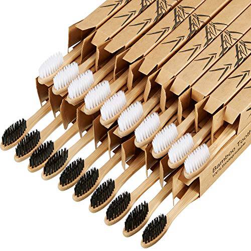 20 Pieces Bamboo Toothbrushes Reusable Charcoal Bamboo Toothbrush Natural Reusable Toothbrushes with BPA-Free Soft Bristles and Natural Wooden Handle in Individually Packaged
