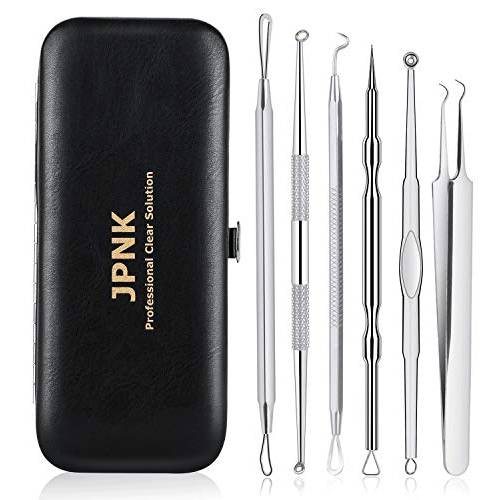 JPNK NEW Pink Blackhead Remover Tools Comedone Extractor Acne Removal Kit for Blemish, Whitehead Popping, Zit Removing for Nose Face with Leather Bag