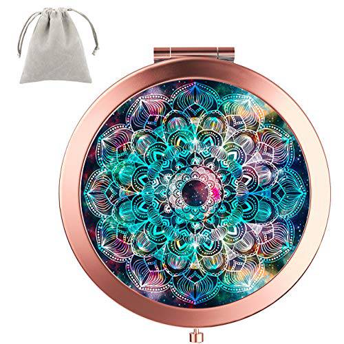 Dynippy Compact Mirror Round Rose Gold 2 x 1x Magnification Makeup Mirror for Purses and Travel Folding Mini Pocket Mirror Portable Hand for Girls Woman Mother (Galaxy Mandala)