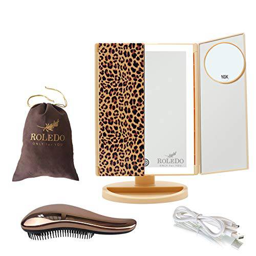 RoLeDo Makeup Mirror with Lights, 1X2X/3X Magnifying Lighted Makeup Mirror, Trifold Vanity Mirror 72 LED Light, 3 Color Lighting, Adjustable Brightness Beauty Mirror, Gifts for Women, Leopard Print