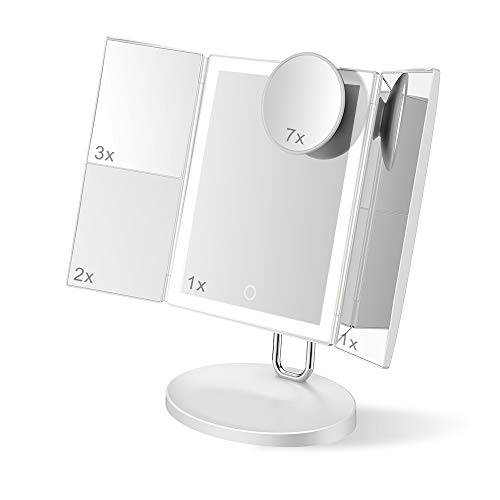 TOUCHBeauty Trifold Makeup Mirrors with LED Light 7X/3X/2X/1X Magnifying Makeup Mirror Compact & Ultrathin Rechargeable Vanity Mirrors