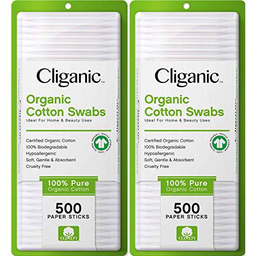 Cliganic Organic Cotton Swabs, 500 Count - 100% Pure Natural Biodegradable Cotton, Chlorine-Free Hypoallergenic, Soft, Gentle & Absorbent Buds