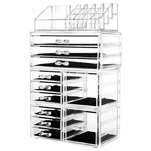 HBlife Makeup Organizer Acrylic Cosmetic Storage Drawers and Jewelry Display Box with 11 Drawers, 9.5 x 5.4 x 15.8 Inches, 4 Piece, Clear