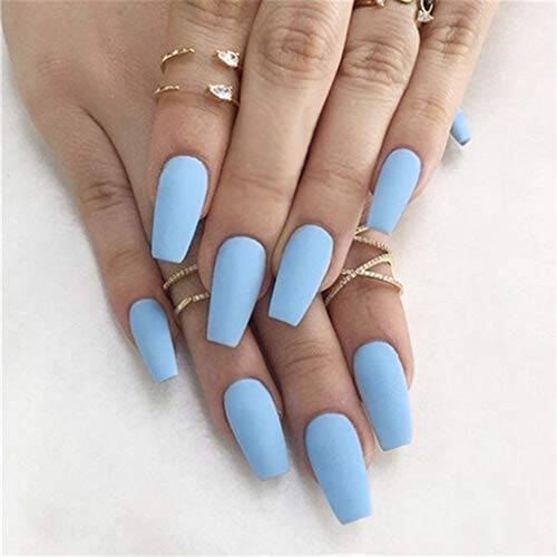 Yalice Coffin Press on Nails Long Blue Fake Nails Frosted Ballerina Full Cover Nails with Design Matte Stick on Nail Instant Faux Nails for Women and Girls 24Pcs