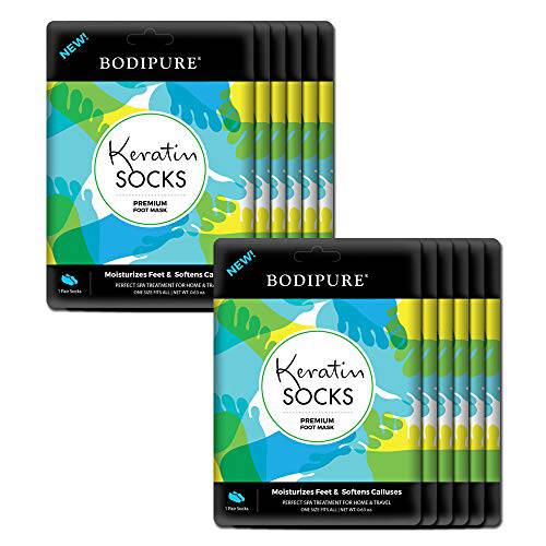BODIPURE Premium Keratin Foot Socks – Anti-Aging, Moisturizing Foot Mask Socks – Hydrating Foot Masks for Cracked Heels and Dry Skin – Natural Ingredients – Pair in a Pack – (12 Pack)