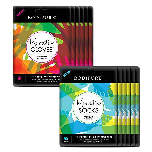BODIPURE Premium Keratin Gloves and Socks – Anti-aging Moisturizing Gloves & Socks for Dry Hands and Cracked Heels - Hand Masks & Foot Masks Made With Natural Ingredients – Pair in a Pack – (6+6 Pack)