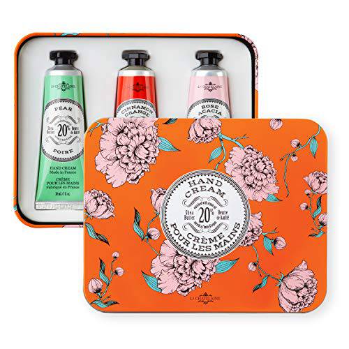 La Chatelaine 20% Shea Butter Hand Cream Trio Tin Gift Set (Amber Cashmere, Coconut Milk, Lychee Bilberry) or (Shea, Pomegranate Mulberry, Lavender)