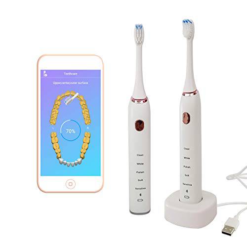 Over The Sea Sonic Bluetooth Rechargeable Electronic Toothbrush – 5 Modes – App Control – Smart Timer – Wireless Charging – Portable Power Toothbrush – 2 Replacement Dupont Brush Heads (White)