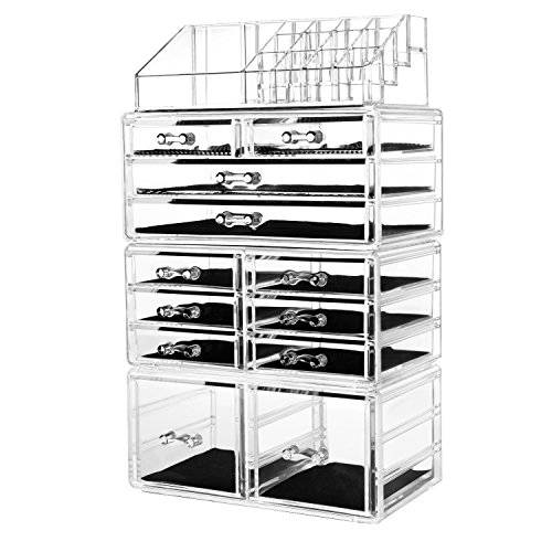 HBlife Makeup Organizer Acrylic Cosmetic Storage Drawers and Jewelry Display Box with 12 Drawers, 9.5 x 5.4 x 15.8 Inches, 4 Piece, Clear