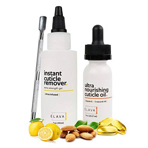 ELAVAE Manicure Pedicure Kit with Cuticle Oil and Cuticle Remover Gel Cream. All Natural Oil with Vitamin E and Other Nourishing Oils. Nail Softener and Strengthener. (3 Piece Kit WITH Pusher Tool)