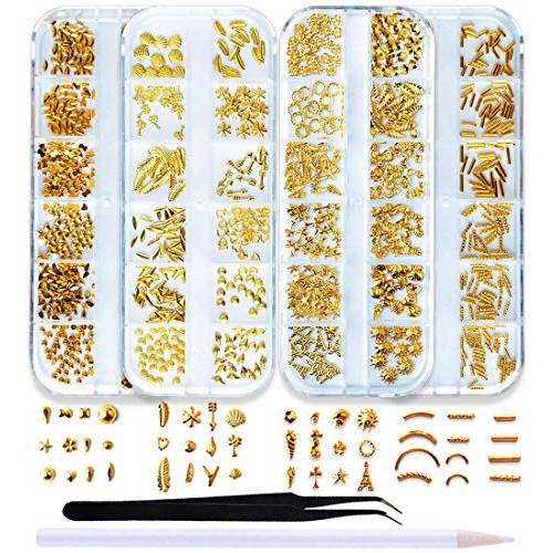 SILPECWEE 1200Pcs Gold Metal Nail Art Studs Set Feather Shell Nail Charm Flat-Back Nail Crystals Manicure 3d Decoration With 1Pc Tweezers 1Pc Picker Pencil