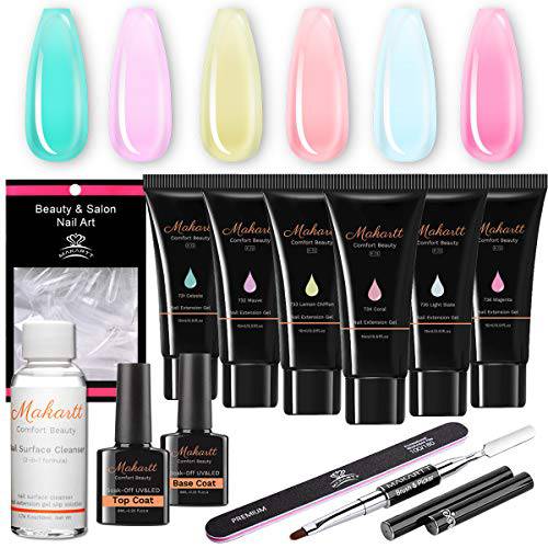 Makartt Jelly Poly Nail Gel Kit 6 Pastel Color Gel Nail Builder 15ML Translucent Fall Color Nail Gel Nail Extension Gel Nail Kit Slip Solution Dual Form Base Top Coat All-in-one Gel Nail Starter Kit