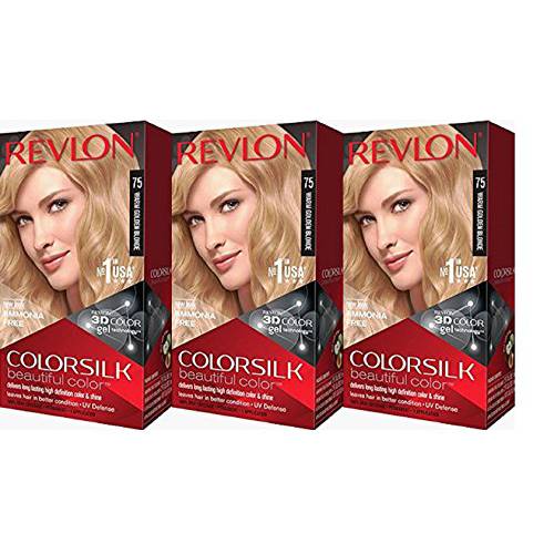 REVLON Colorsilk Beautiful Color Permanent Hair Color with D Gel Technology & Keratin, 4.4 oz Warm Golden Blonde 75 Warm Golden Blonde, 3 Count