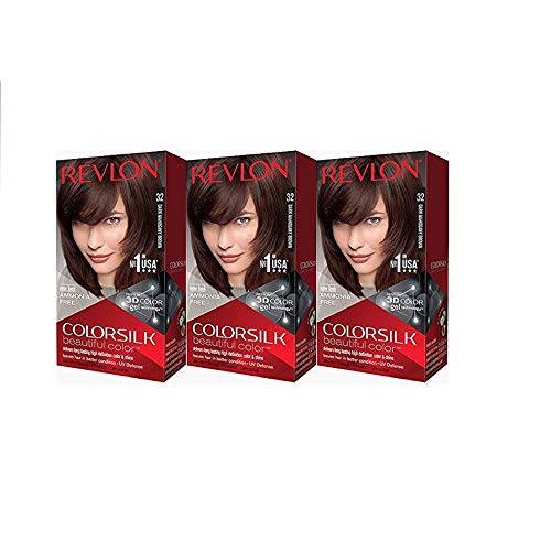 REVLON Colorsilk Beautiful Color Permanent Hair Color with 3D Gel Technology & Keratin, 100% Gray Coverage Hair Dye, 32 Dark Mahogany Brown, 4.4 oz (Pack of 3)