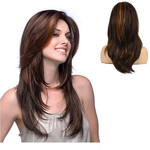 Baruisi Long Layered Brown Wig Highlights Natural Middle Part Synthetic Cosplay Hair Wig for White Women