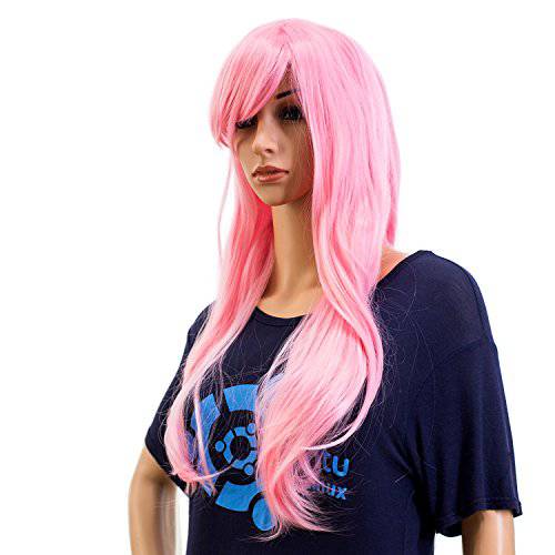 SWACC 26-Inch Long Curly Wave Cosplay Synthetic Wig Colored Hair Piece for Women with Wig Cap (Pink)