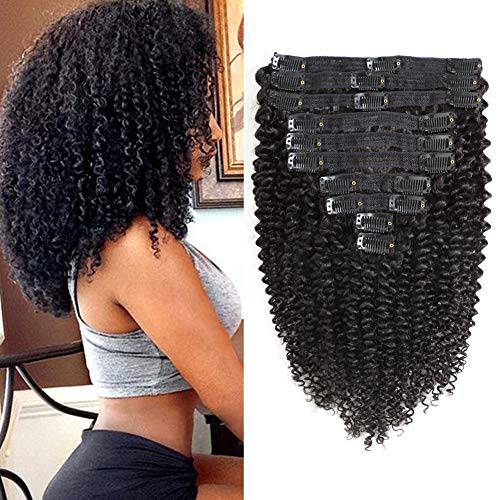 Rolisy Kinky Curly Clip In Hair Extensions Human Hair 18 Inch Curly Hair Extensions Clip In Human Hair for Black Women 3C 4A 4B Afro Kinky Curly Hair Clip Ins Soft Brazilian Remy Hair Thick Ends